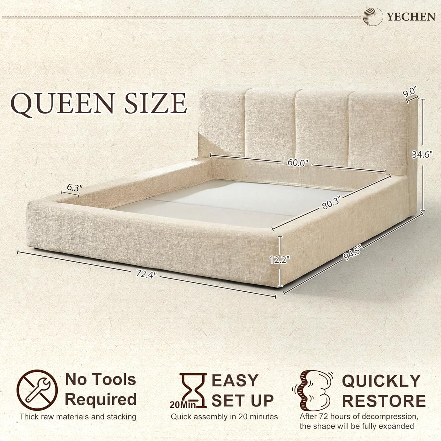 YECHEN Cloud Platform Bed – 15-Min Tool-Free Assembly, CULP® Performance Fabric & Stain-Resistant Cloud Frame