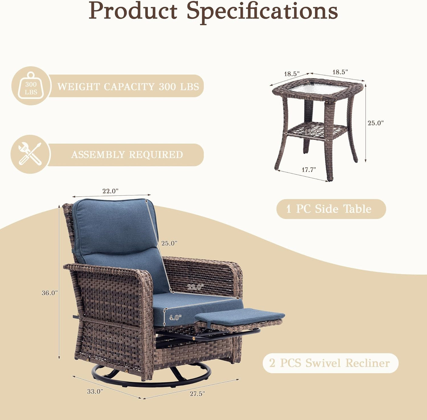 Outdoor Swivel Chair Set | PE Wicker Patio Conversation Set with Cushions | Blue