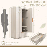 Yechen 67" Fluted White Armoire Wardrobe with Doors & Drawer - Natural Wood Closet Cabinet