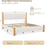 Yechen Upholstered Bed Frame with 47" Tall Headboard, Fluted Panel, Solid Pine Wood Legs, No Box Spring Needed, Off-White