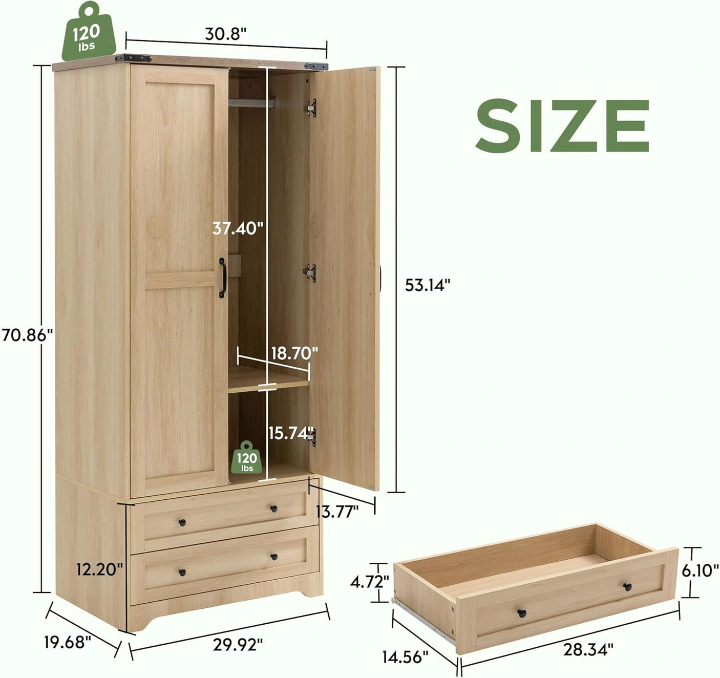 YECHEN 71" Modern Armoire Wardrobe: All-in-One Storage with 2 Drawers & Adjustable Shelves