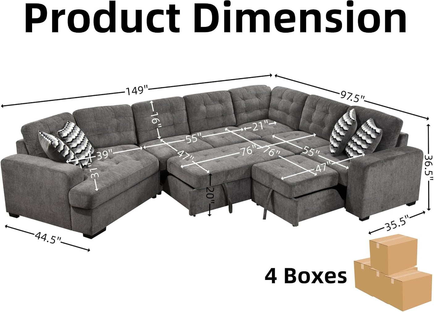 149'' Oversized Large Sectional Sleeper Sofa with Pull Out Bed & Cuddler | 7-Seater L-Shaped Sectional Couch with Chaise Lounge