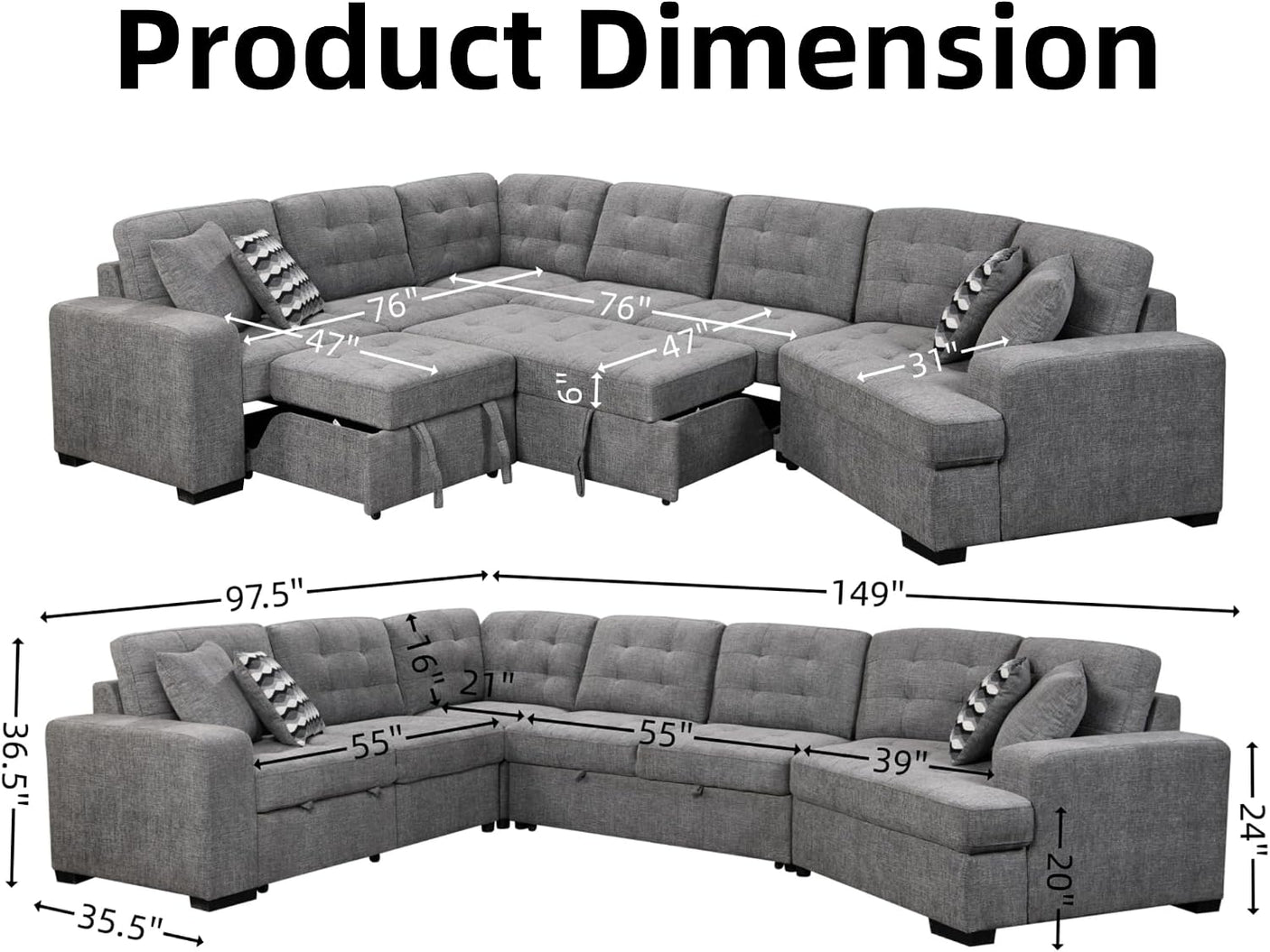 149'' Oversized Large Sectional Sleeper Sofa with Pull Out Bed & Cuddler | 7-Seater L-Shaped Sectional Couch with Chaise Lounge