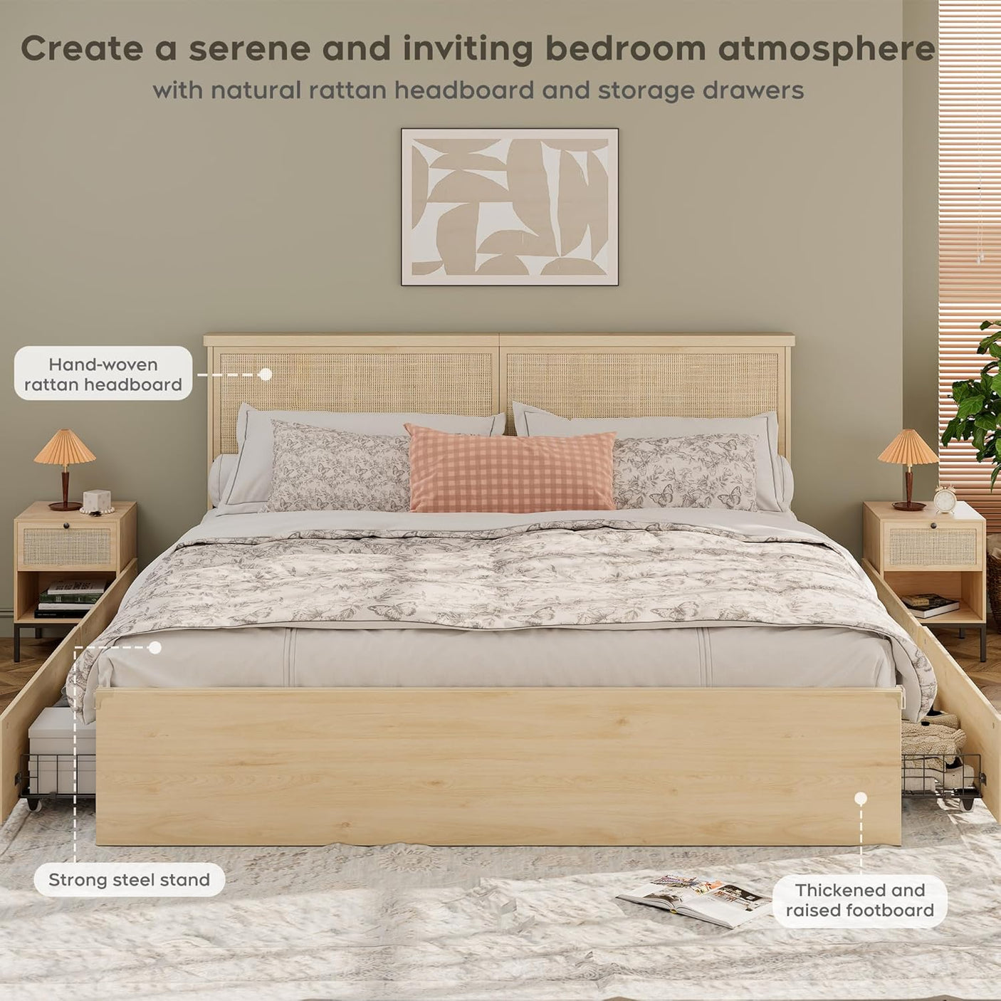 Boho Natural Rattan Headboard Bed Frame with 4 Drawers