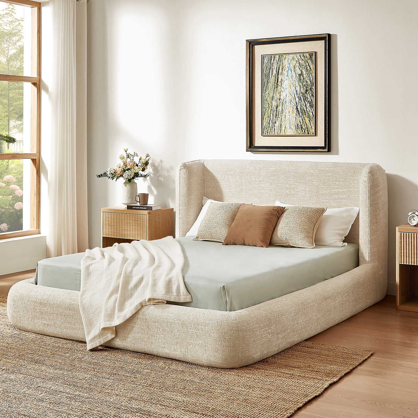 YECHEN Queen Cloud Bed Frame - Modern Upholstered Platform Bed with Curved Headboard, Water-Resistant Bouclé Fabric, Tool-Free Assembly, No Box Spring Needed