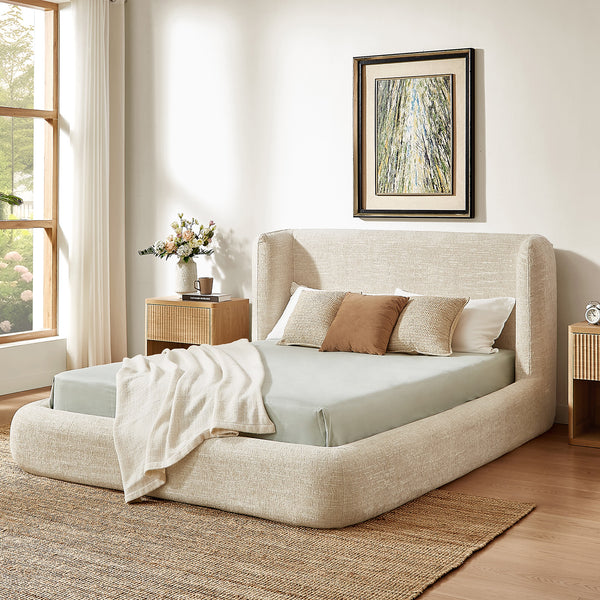 YECHEN Cloud Bed Frame - Modern Water-Resistant Bouclé Upholstered Platform Bed, Tool-Free Assembly, No Box Spring Needed