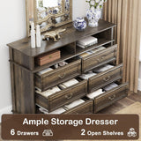 Rustic 6 Drawer Open Shelves Dresser