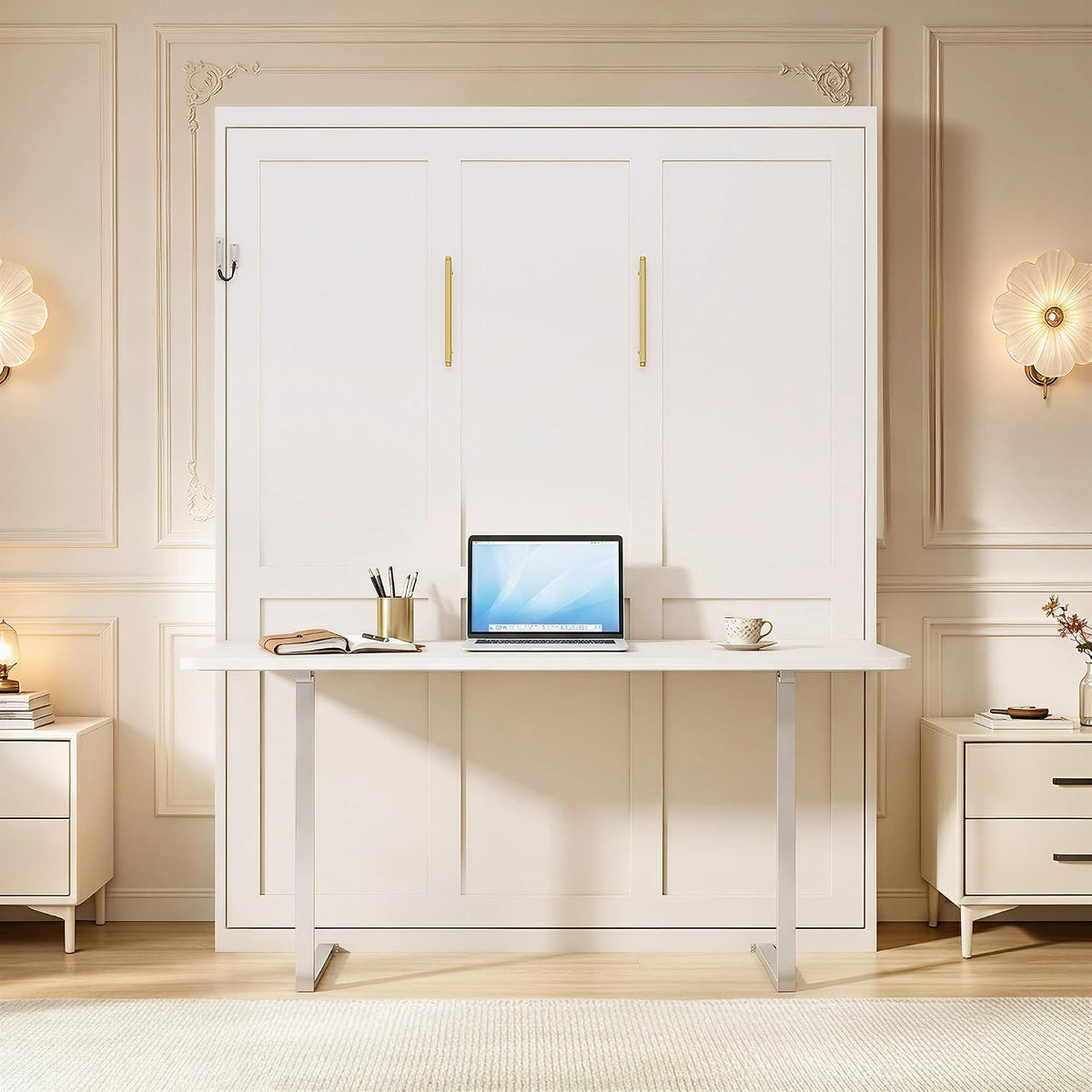 White Queen Murphy Bed with Fold-Down Desk | Yechen Home