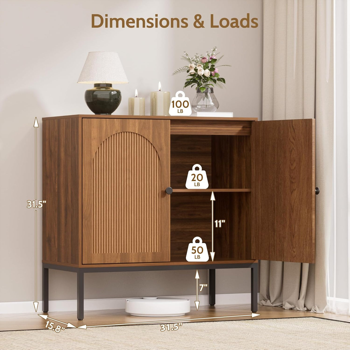 Fluted Sideboard Cabinet with Storage – 2-Door Arched Buffet Credenza | Mid-Century Modern | Walnut & Black