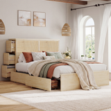 Boho Rattan Queen Bed Frame with Charging Station & 10 Storage Drawers