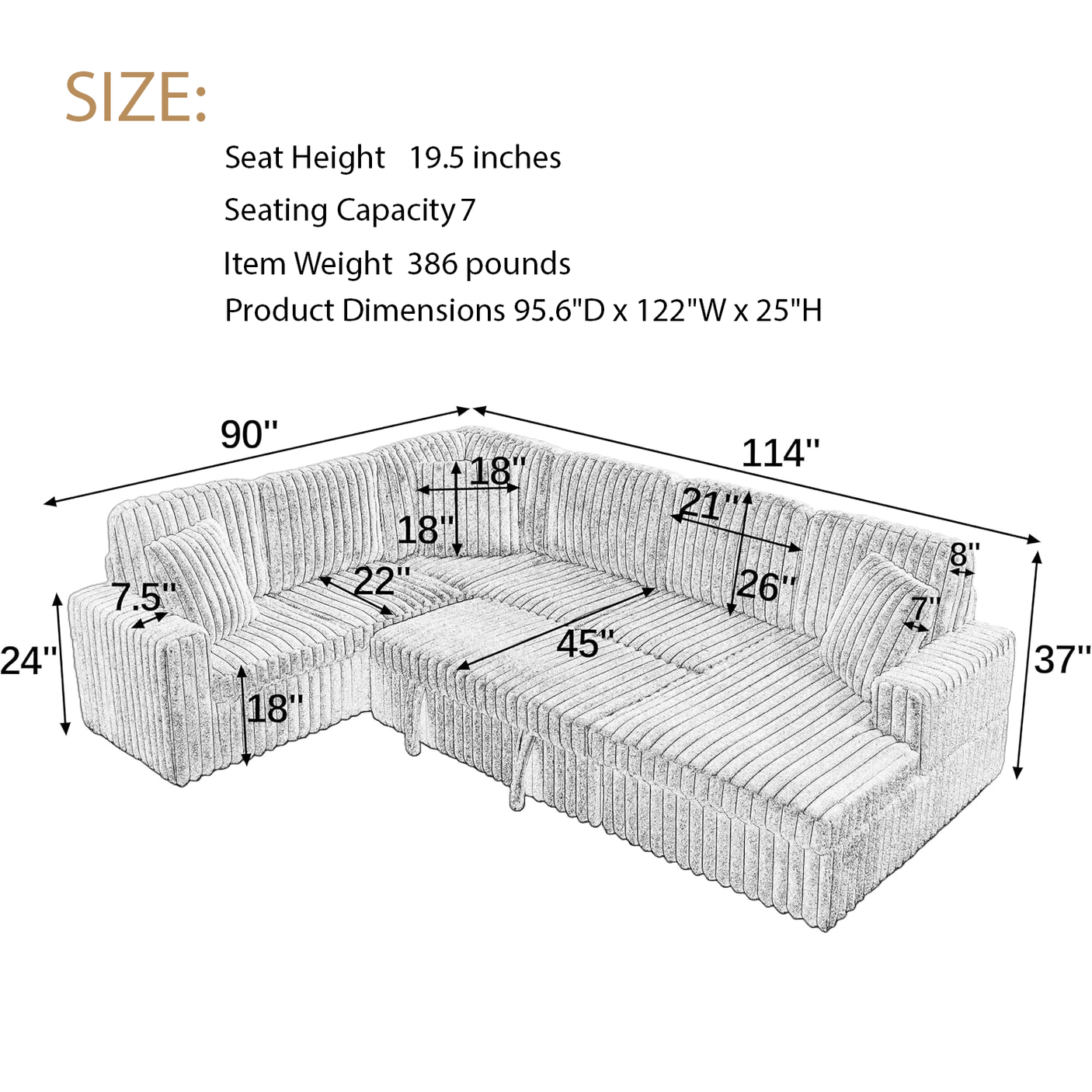 114" U-Shaped Sectional Sofa with Pull-Out Bed, Storage Chaise & USB Ports | Plush Corduroy, Seats 7