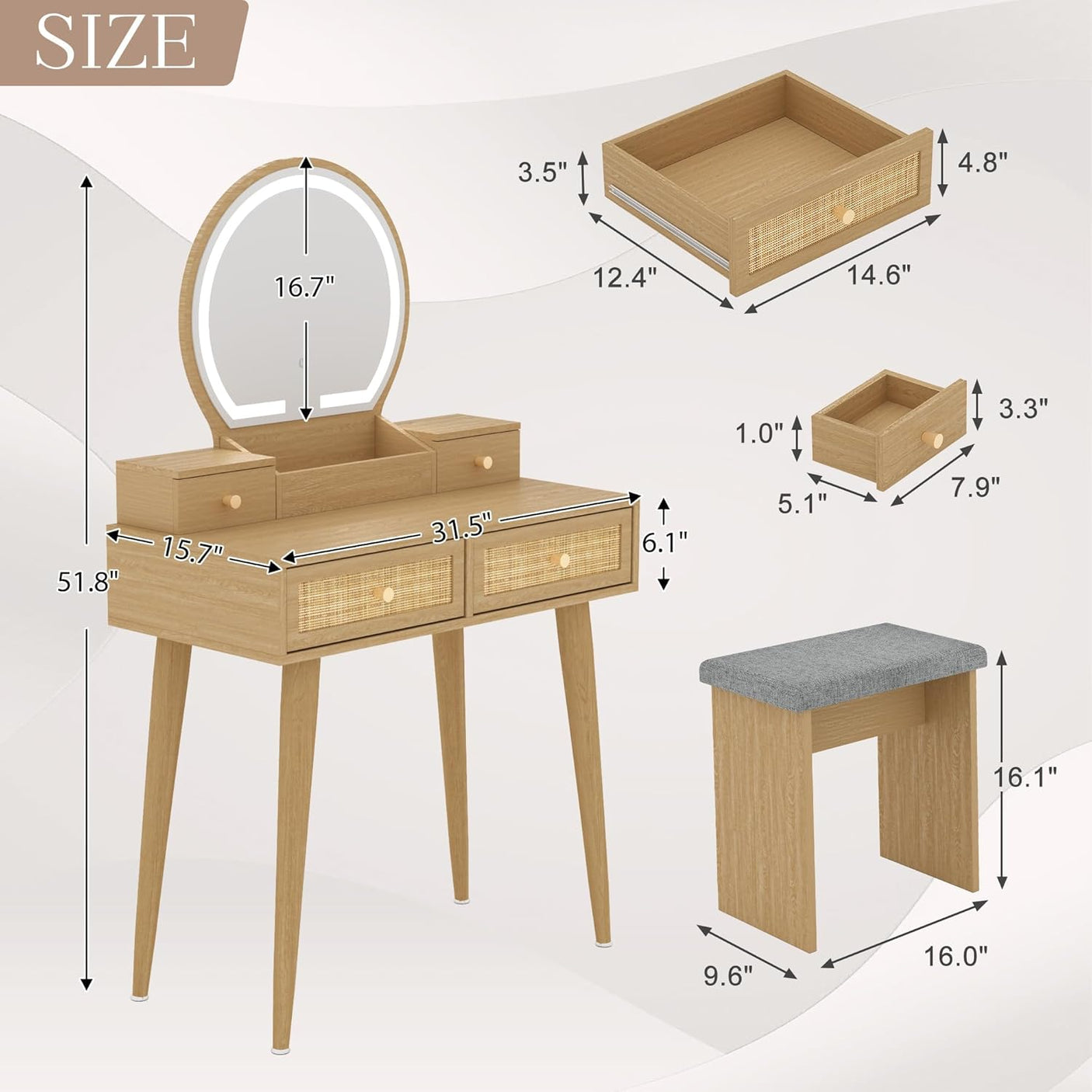 Yechen Boho Rattan Vanity Desk with Stool & LED Mirror | Compact Makeup Table for Small Spaces