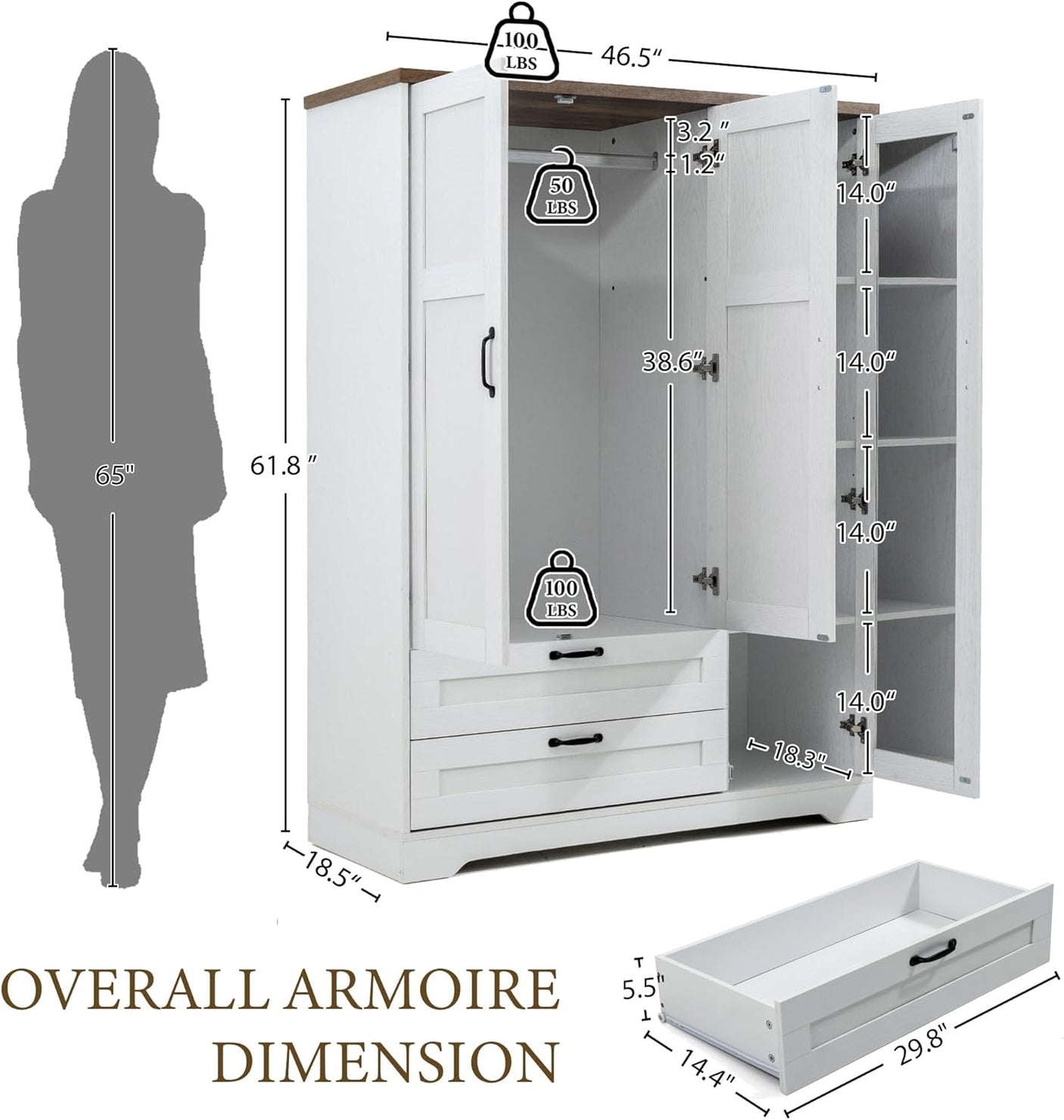 Yechen 3-Door Wooden Wardrobe Closet with Mirror, Drawers & Shelves, Farmhouse Armoire for Bedroom