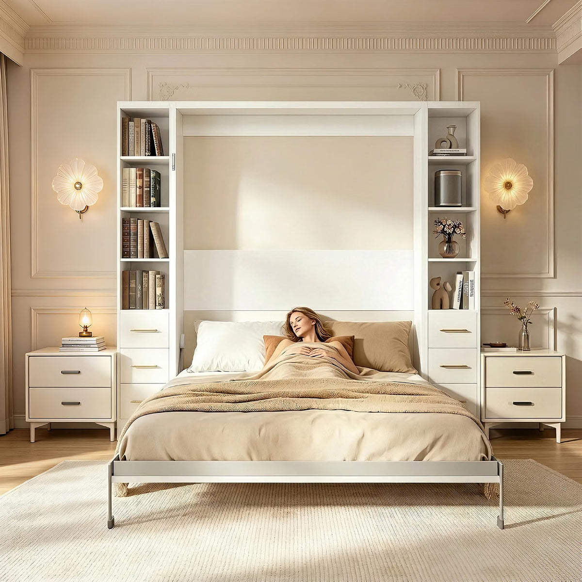White Queen Murphy Bed with Desk & Dual Cabinets | Yechen Home