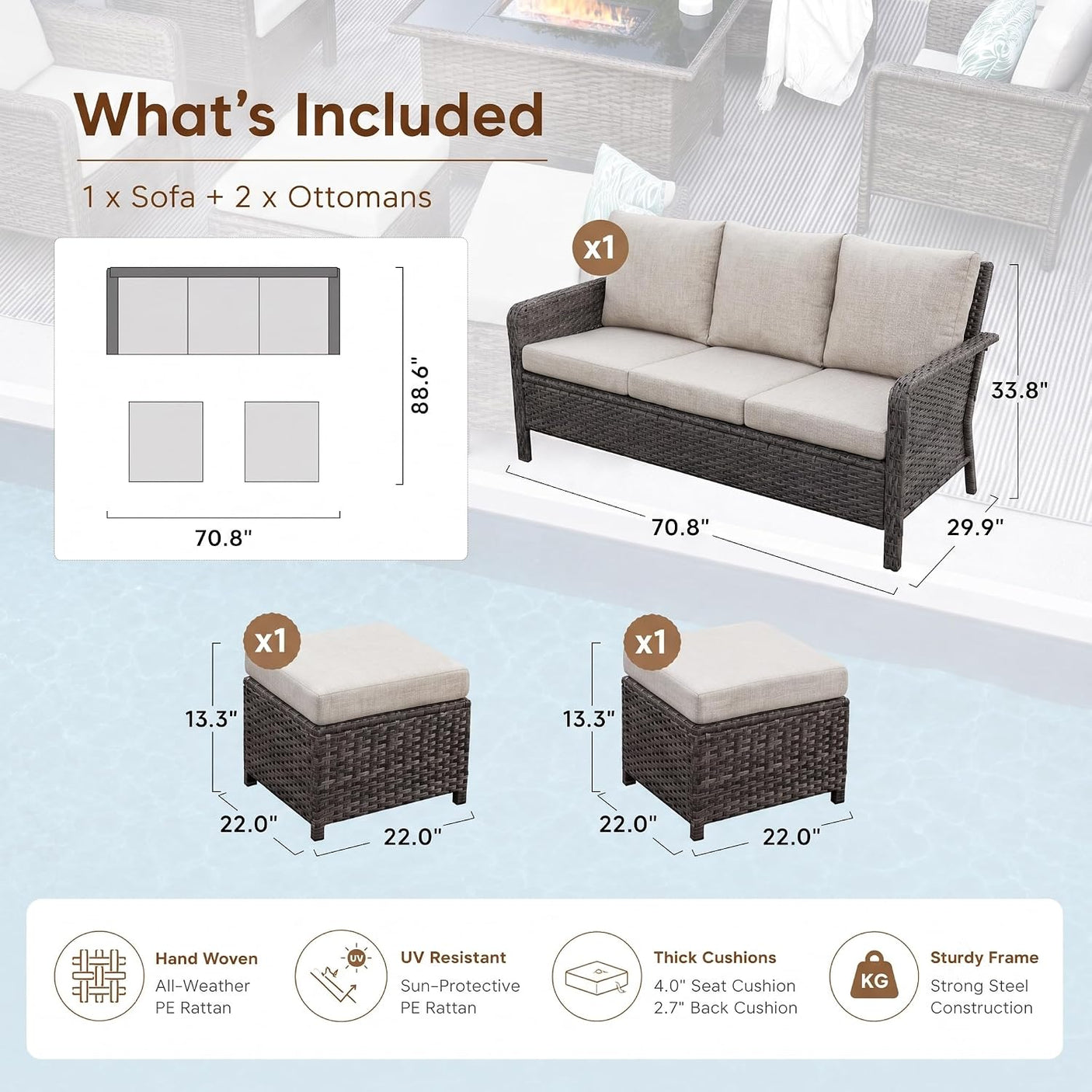 5-Seat Patio Conversation Set | 3-Seat Sofa + 2 Ottomans | Rattan Outdoor Furniture with Washable Cushions – Beige