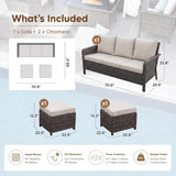 5-Seat Patio Conversation Set | 3-Seat Sofa + 2 Ottomans | Rattan Outdoor Furniture with Washable Cushions – Beige