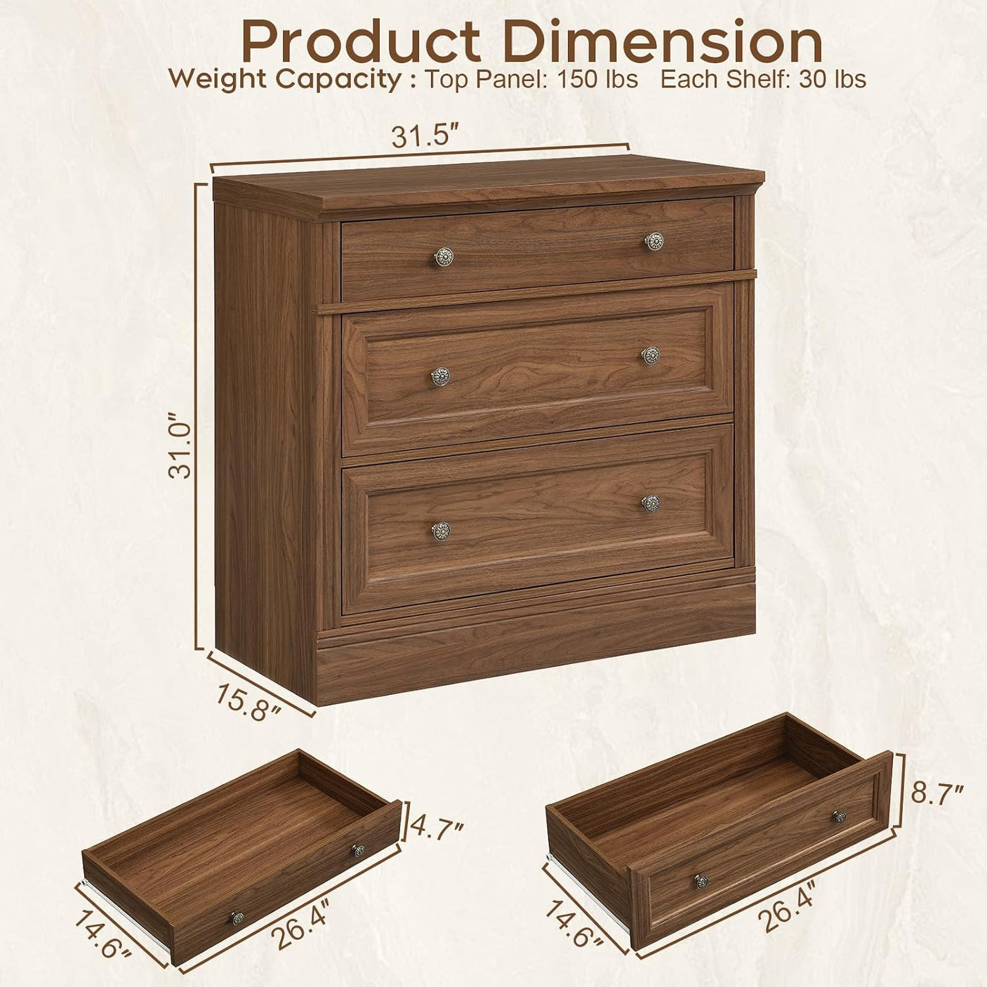31.5" Oversized Nightstand with 3 Drawers | Light Oak, Ivory White & Walnut