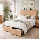 Boho Bed Frame with 55" Tall Fluted Headboard, Storage Drawers & Charging Station | Full & Queen