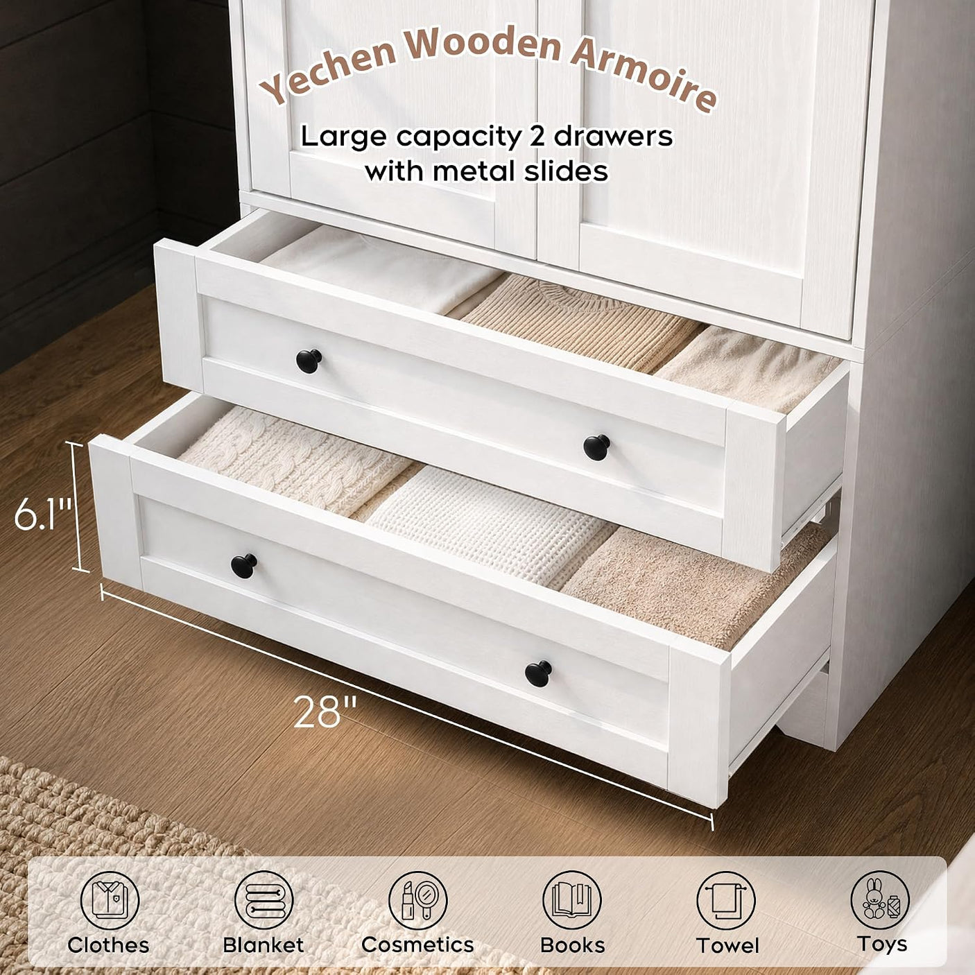 Yechen 71" Armoire Wardrobe Closet with Hanging Rod, Adjustable Shelves & 2 Drawers — White