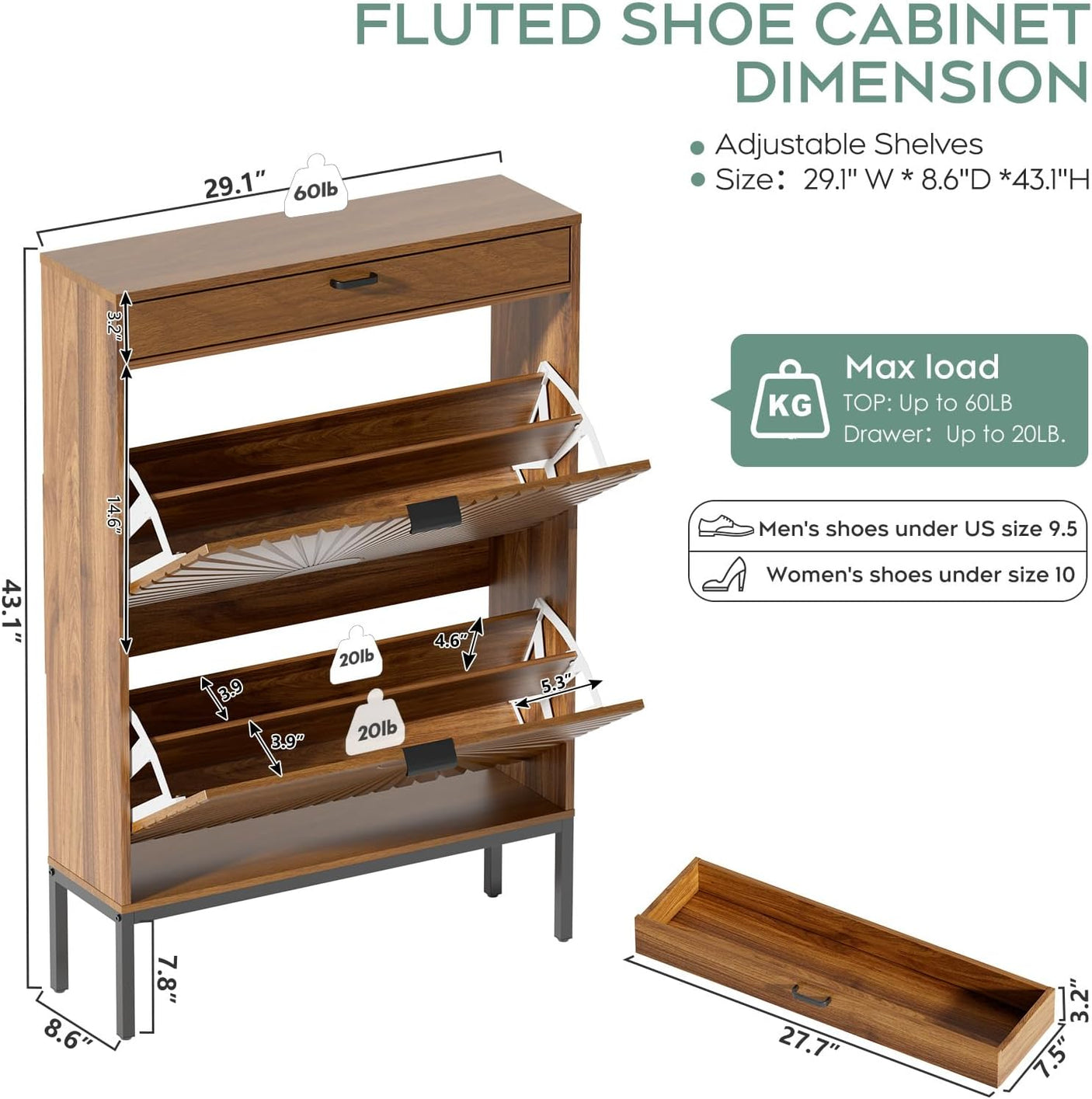 Yechen Shoe Cabinet with Flip Doors, 2 Flip Drawers + Top Drawer, Slim Entryway Organizer for Hallway & Living Room, Walnut