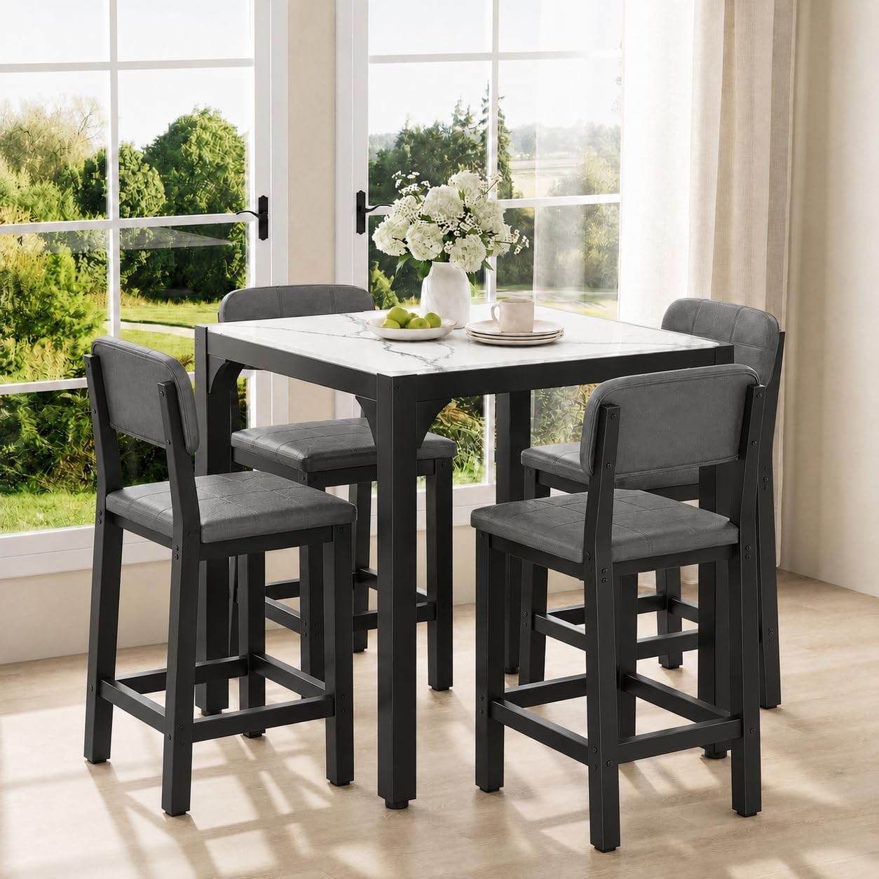 5-Piece Counter Height Dining Set | Marble-Look Top, Padded Chairs, Modern Grey
