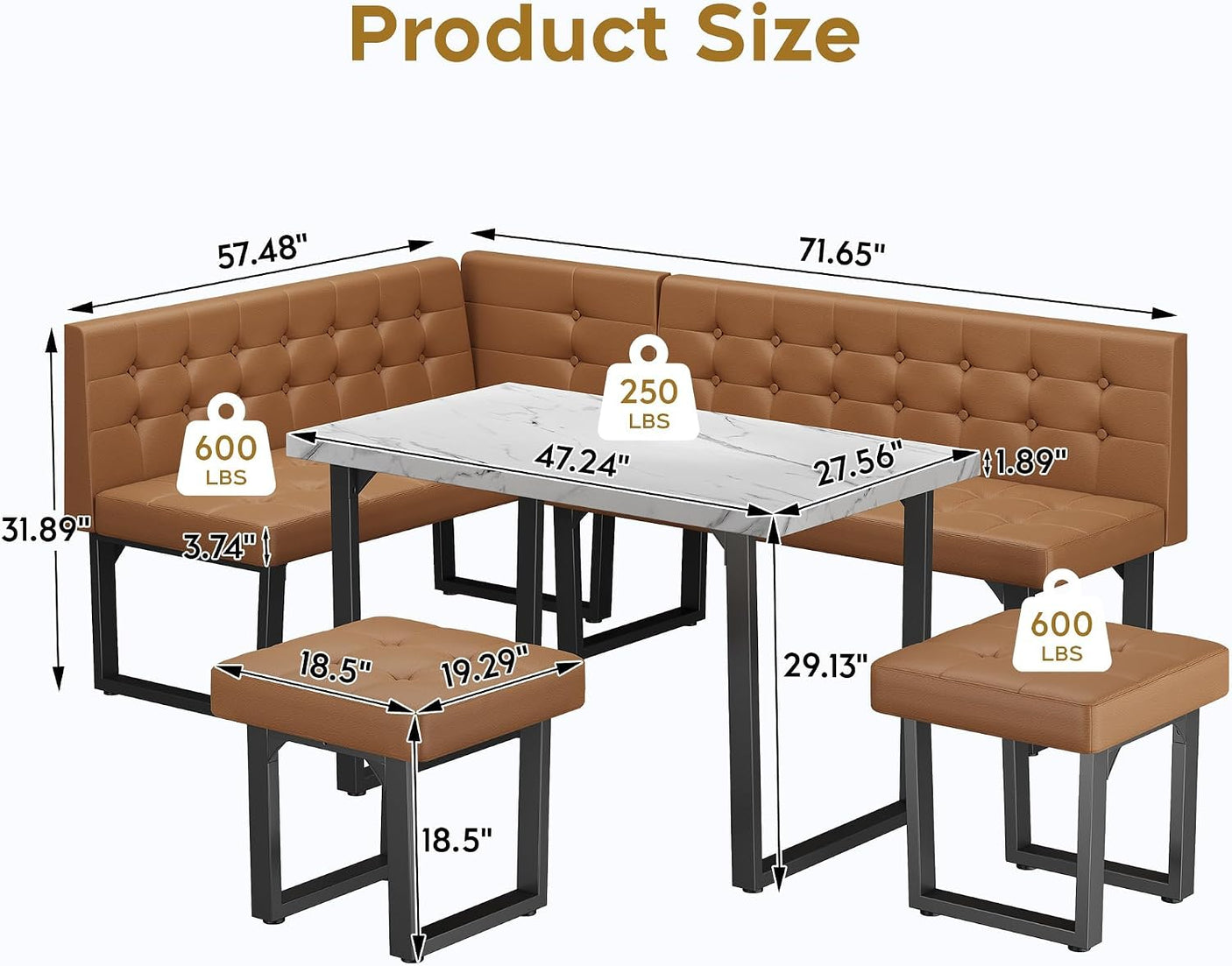 72" Corner Breakfast Nook Table Set with Storage Bench | L-Shaped Booth Dining Set, Seats 6, Orange