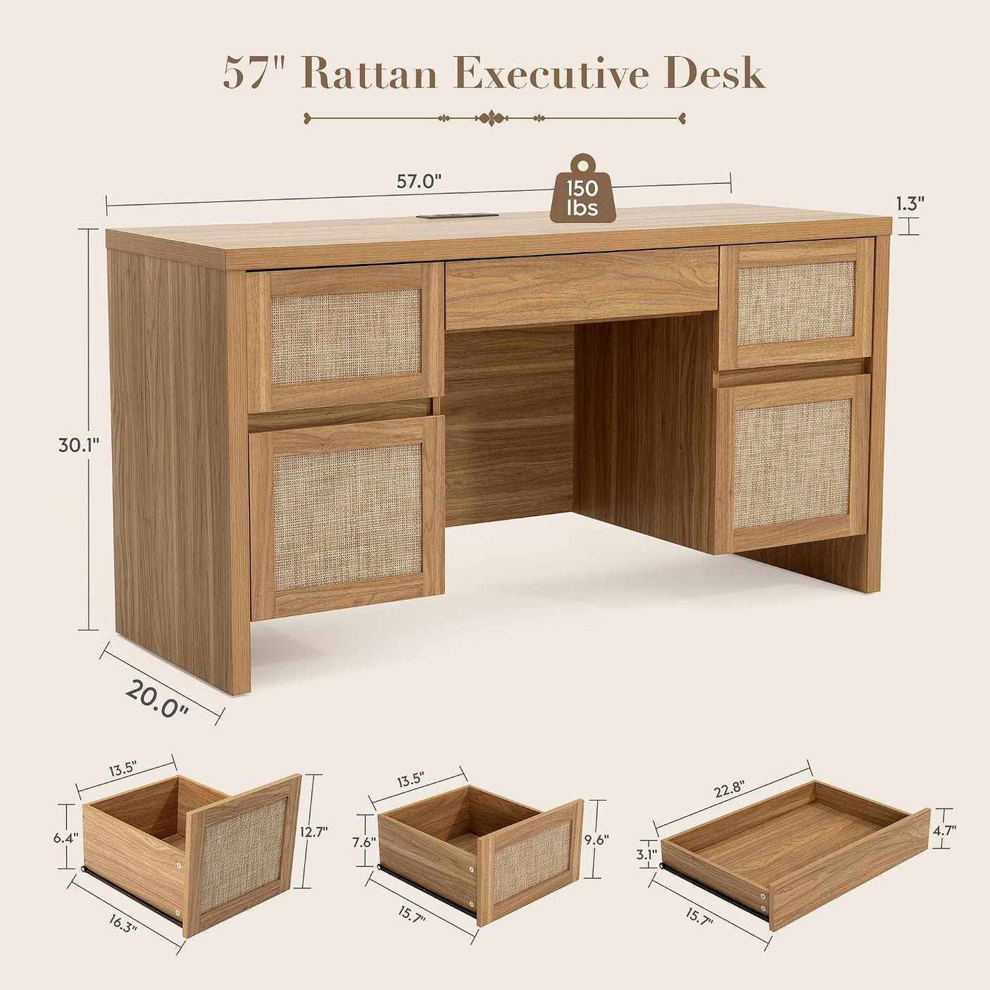 57" Rattan Executive Desk with Charging Station | 5-Drawer Home Office Desk | Farmhouse Walnut Brown | Yechen Home
