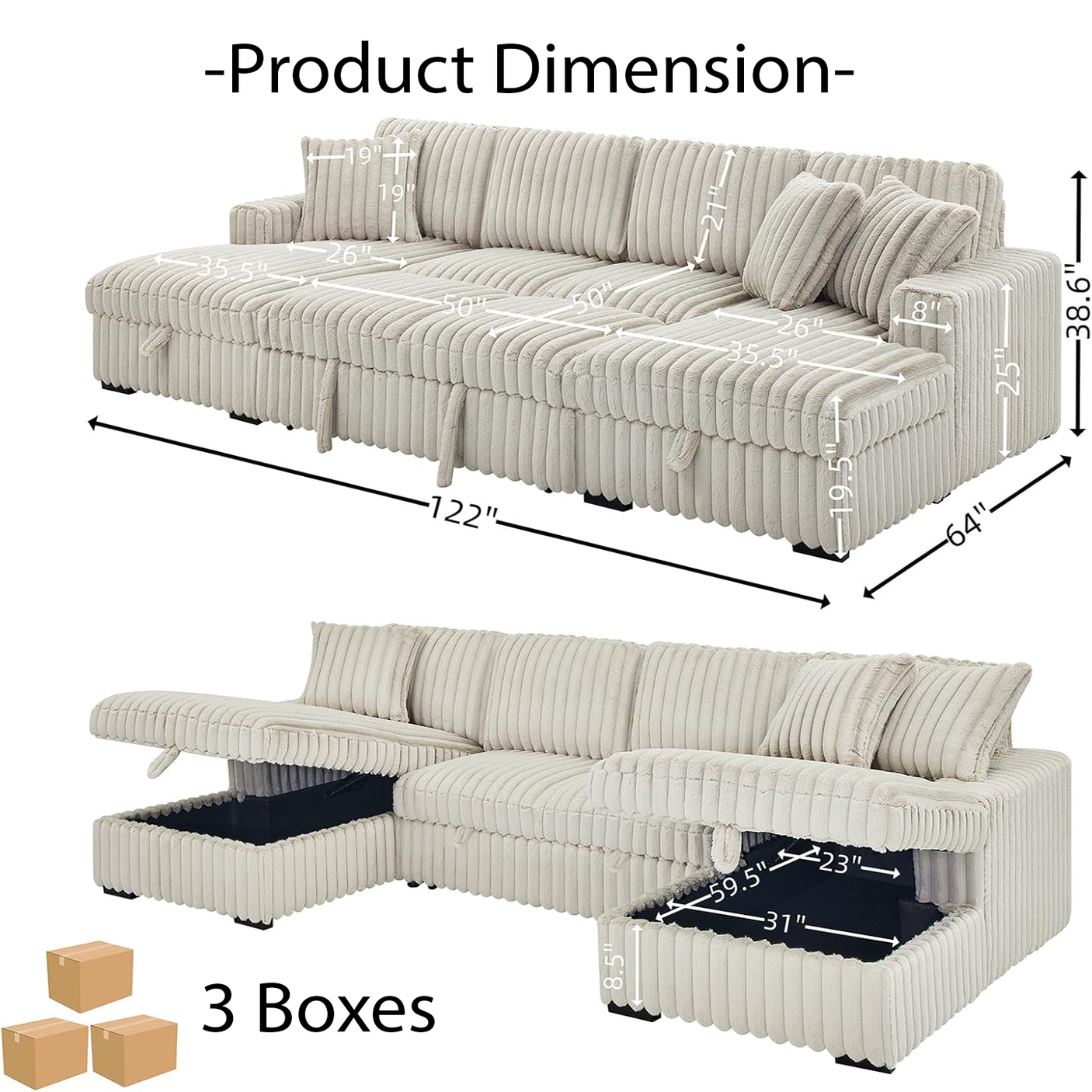 122'' U-Shaped Corduroy Sectional Sofa with Sleeper Bed & Storage Chaise