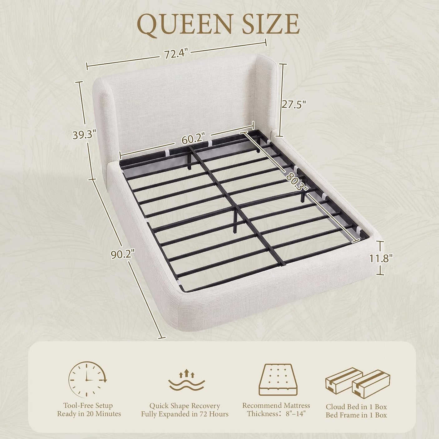 YECHEN Cloud Bed Frame - Upholstered Platform Bed, Tool-Free Assembly - Jordan Fnw Ivory (Queen/King)