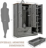 Yechen 3-Door Wooden Wardrobe Closet with Mirror, Drawers & Shelves, Farmhouse Armoire for Bedroom