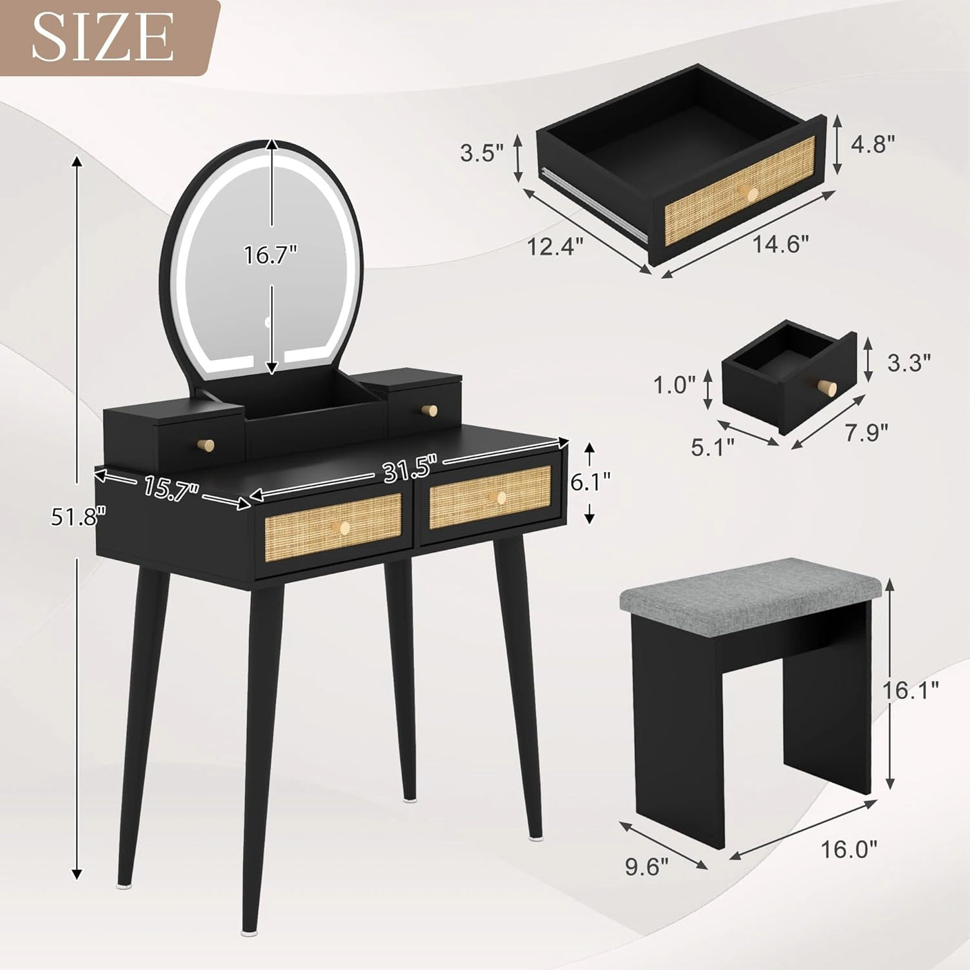 30" Vintage Makeup Vanity Table Set with Flip-Top Mirror & Rattan Drawers, Compact Dressing Table with Padded Stool