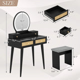 30" Vintage Makeup Vanity Table Set with Flip-Top Mirror & Rattan Drawers, Compact Dressing Table with Padded Stool