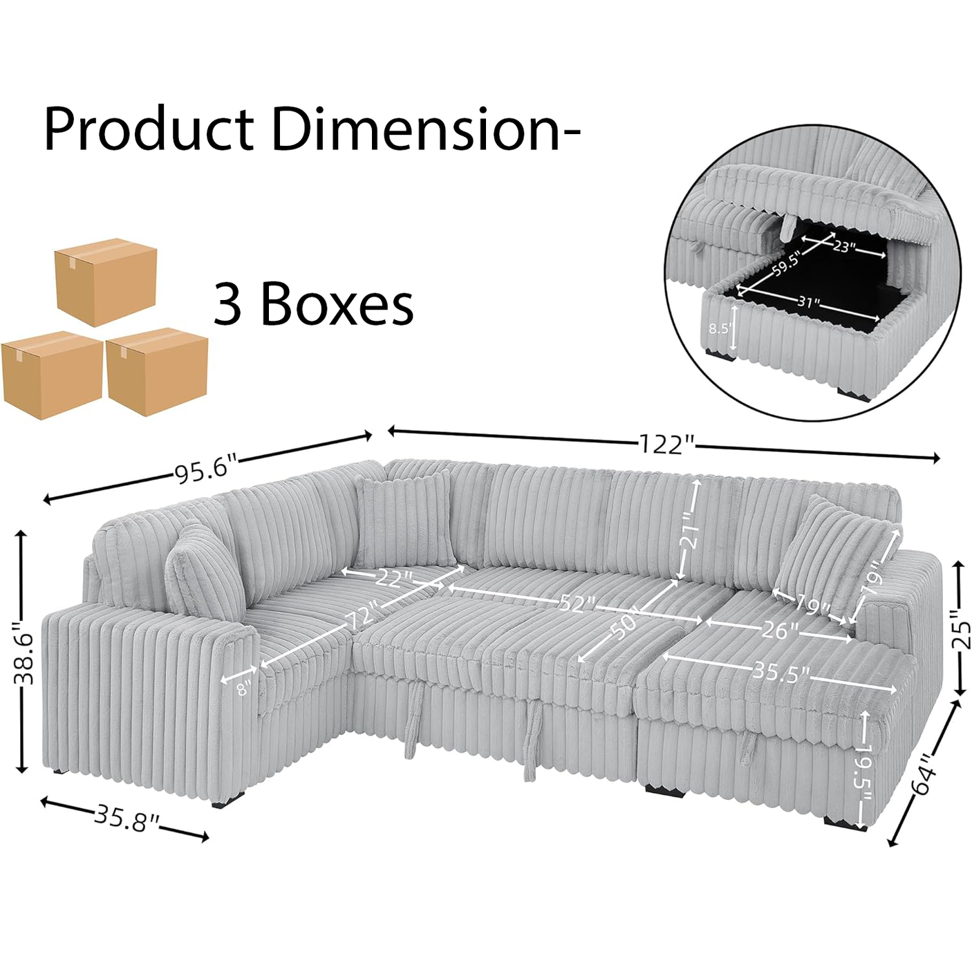 122'' U-Shaped Corduroy Sectional Sofa with Sleeper Bed & Storage Chaise