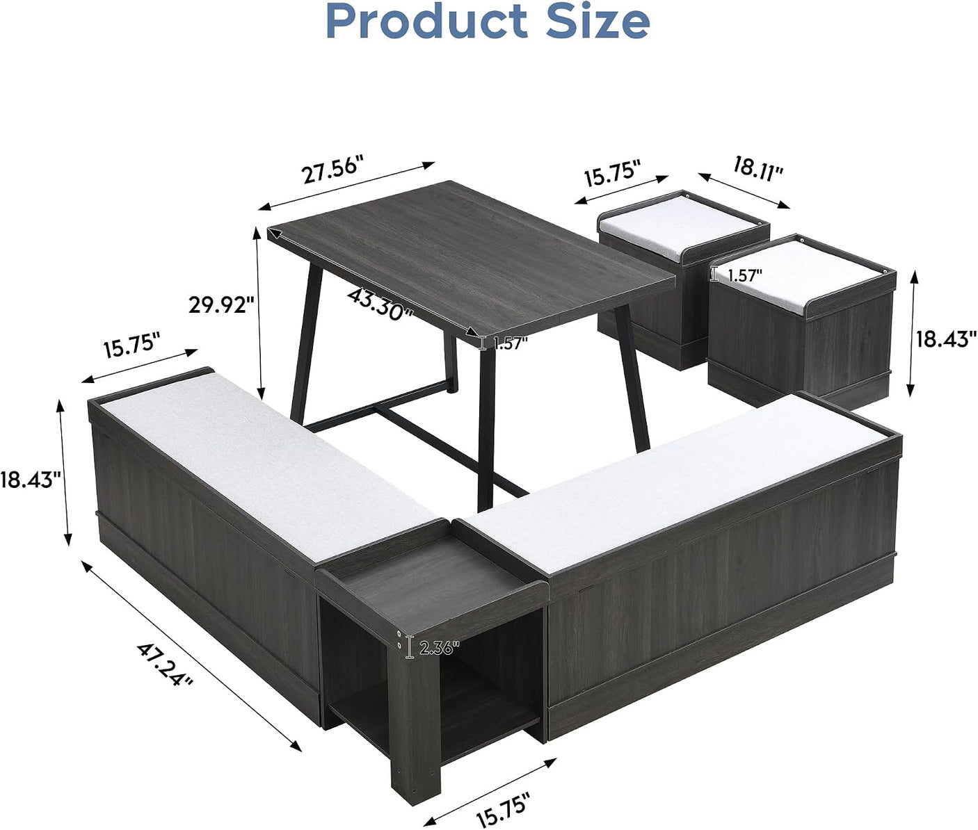 47 Inch Corner Dining Table Set with Storage Stool and Storage Bench