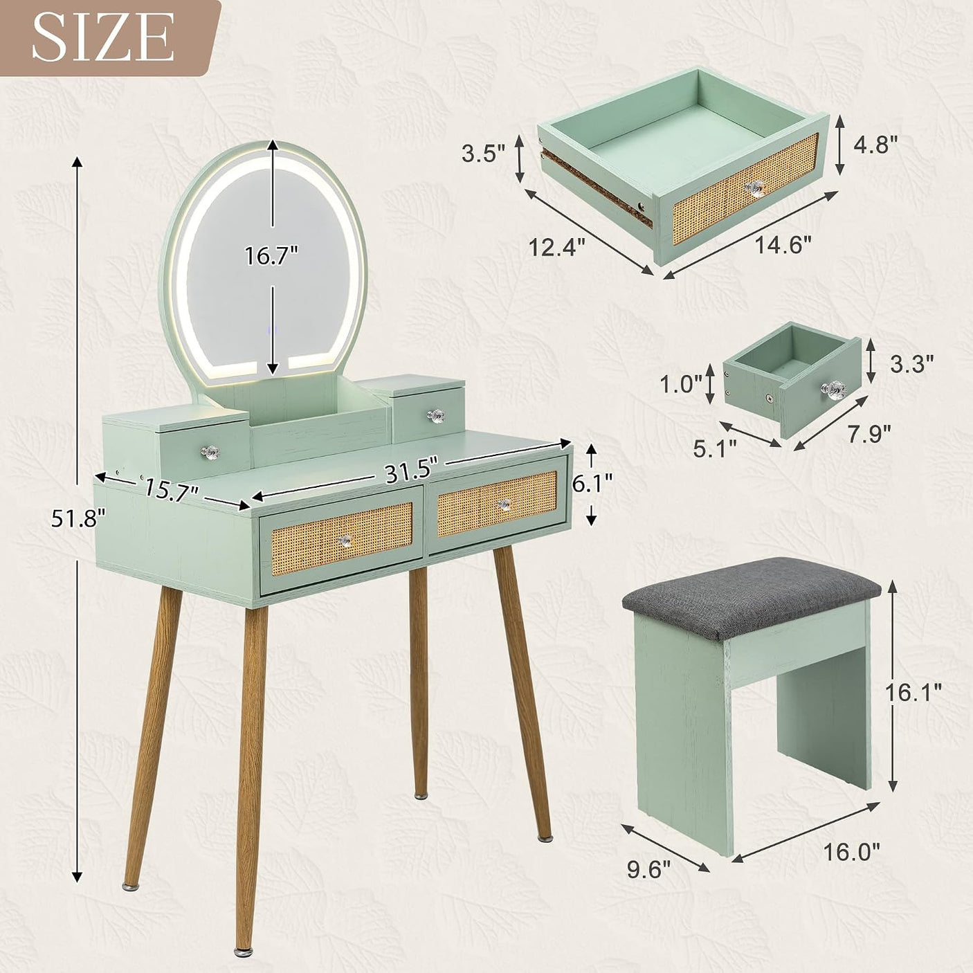 Vanity Desk Set with LED Mirror and Stool, 31" Boho Rattan Makeup Vanity Table, 3-Mode Lighted Mirror, 4 Drawers, Mint, Space-Saving for Bedroom