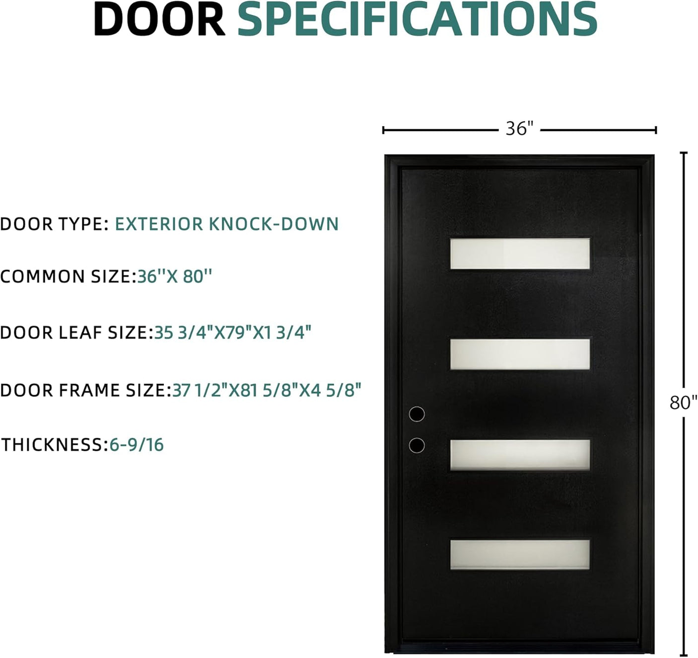 [Slab Only] 36" x 80" Fiberglass Front Door, Contemporary Modern Exterior Door, Frosted Glass Privacy Panel, Pre-Primed Black, Right Hand Inswing (Frame Not Included)