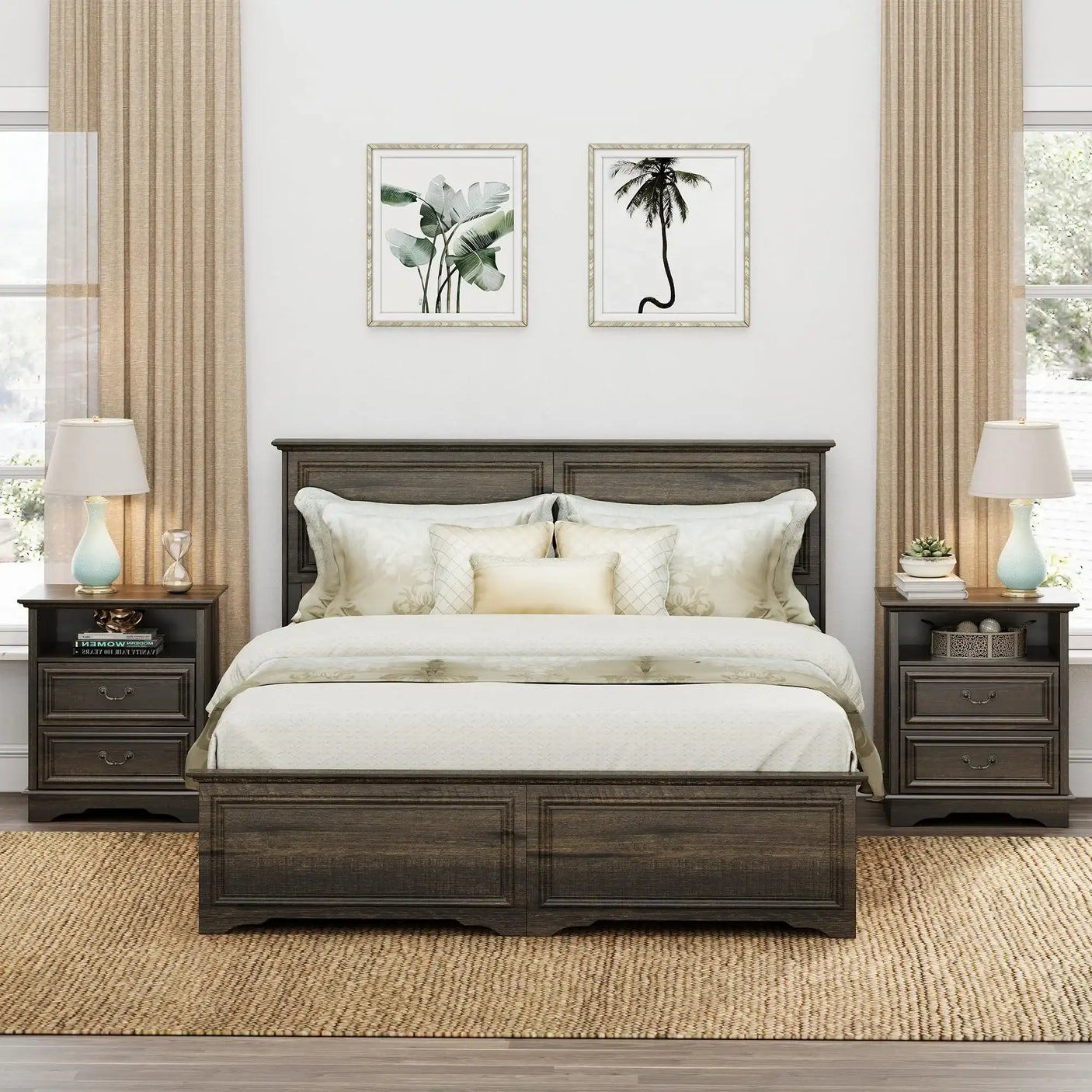 Farmhouse Mid Century Modern Nightstand, 2-Drawer 25" Tall Wood