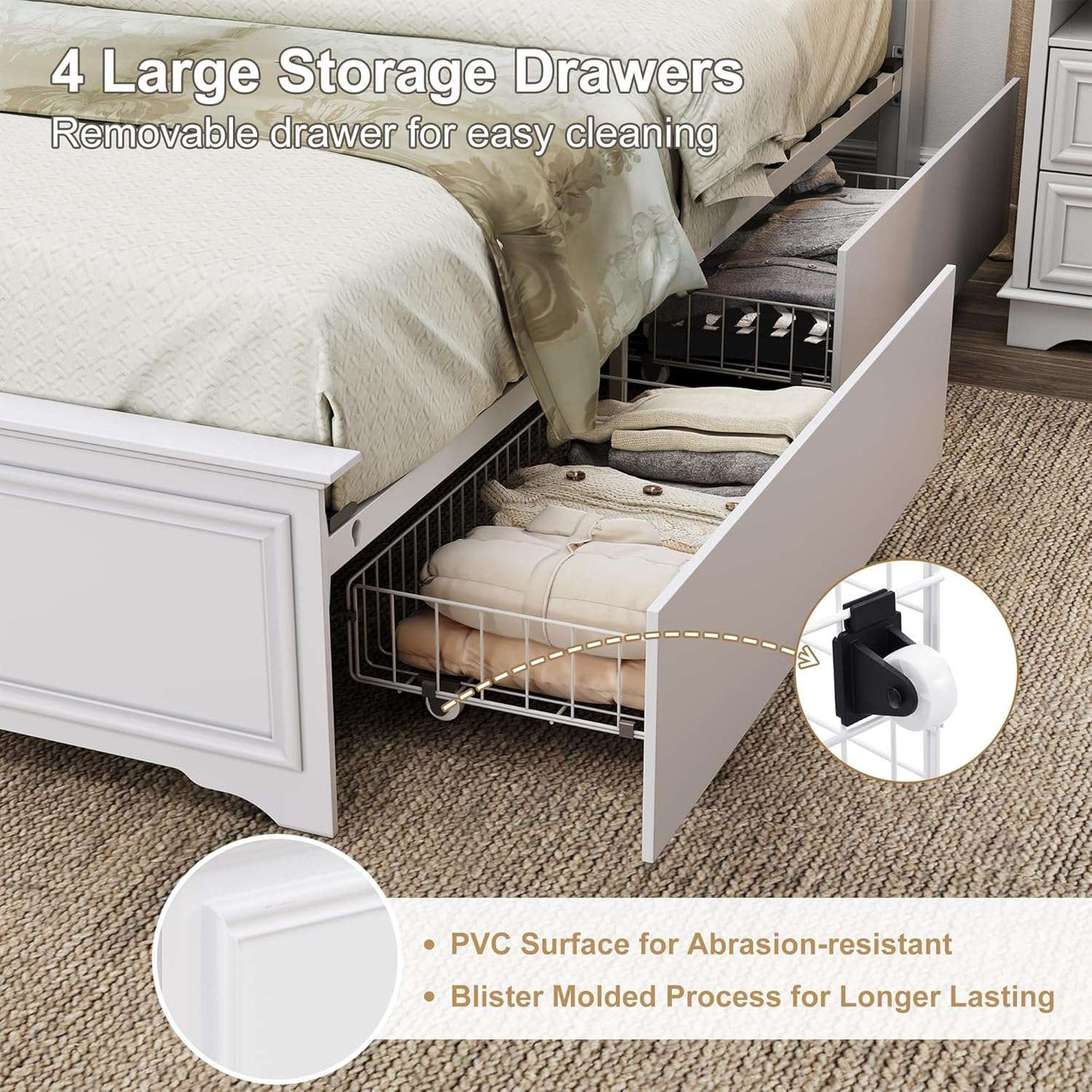 Farmhouse Queen Size Bed Frame with 4 Storage Drawers