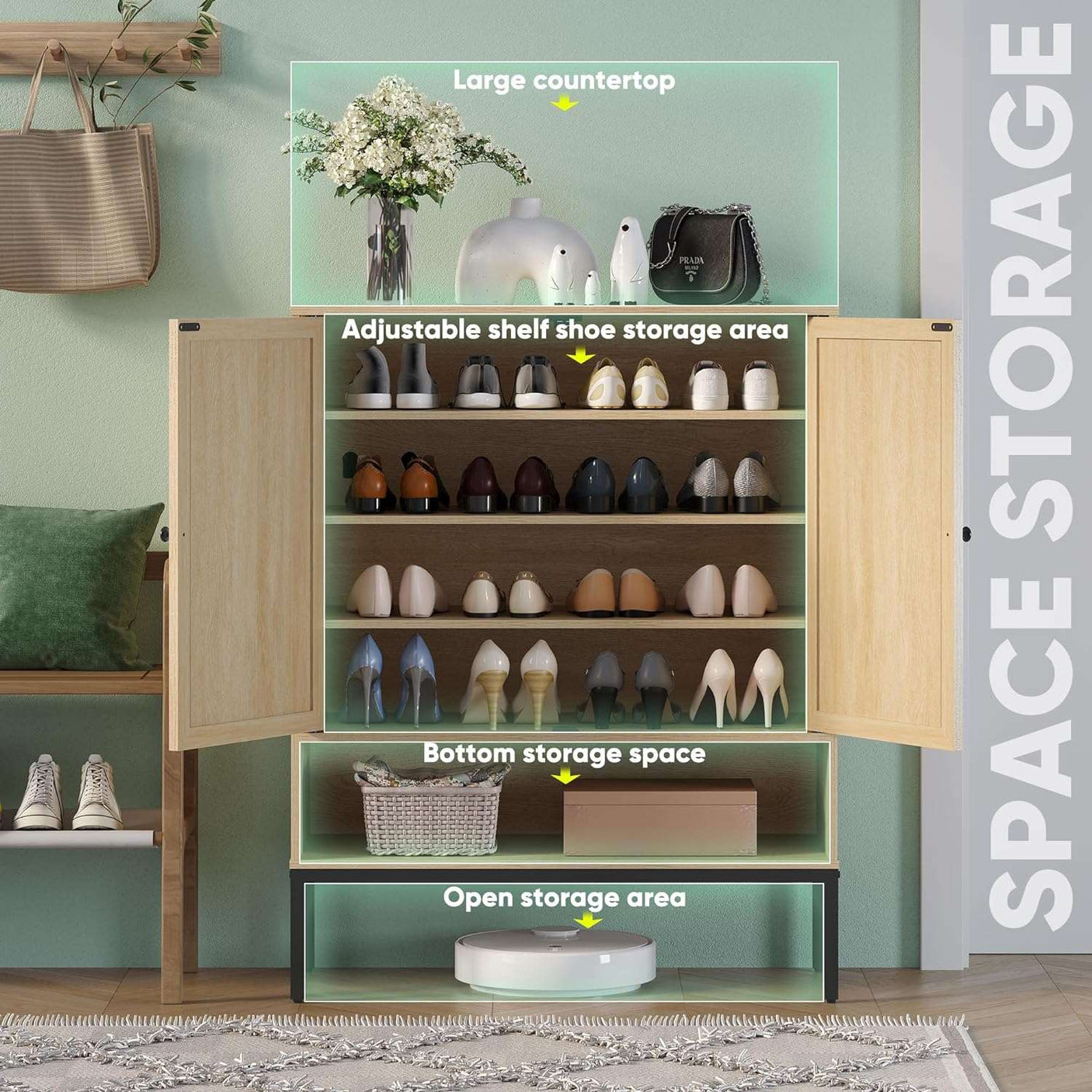 5-Tier Natural Rattan Entryway Shoe Storage Cabinet with Doors
