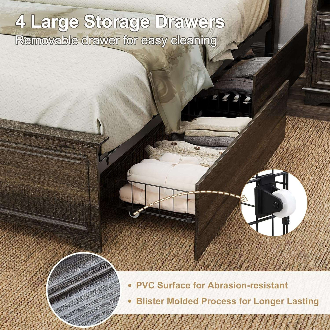 Farmhouse Queen Size Bed Frame with 4 Storage Drawers