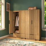 Yechen 67" Fluted Oak Armoire Wardrobe with Doors & Drawer - Natural Wood Closet Cabinet