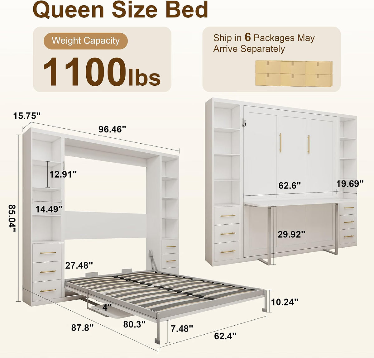 White Queen Murphy Bed with Desk & Dual Cabinets | Yechen Home