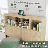 Boho Rattan Queen Beds with Charging Station Headboard