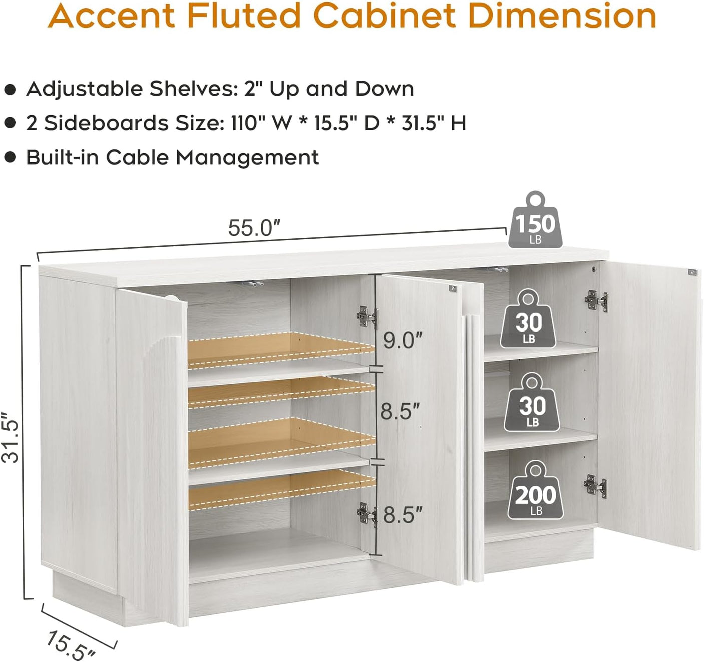 Arched Reeded Sideboard Buffet Cabinet — 55" Wide, 4-Door Modern Storage