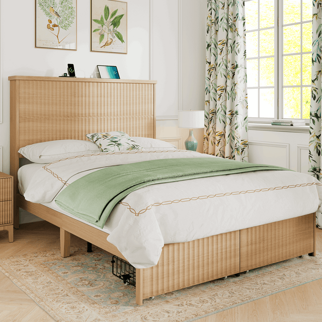 Retro Fluted Queen Bed Frame with 55" Tall Headboard and Storage Drawers