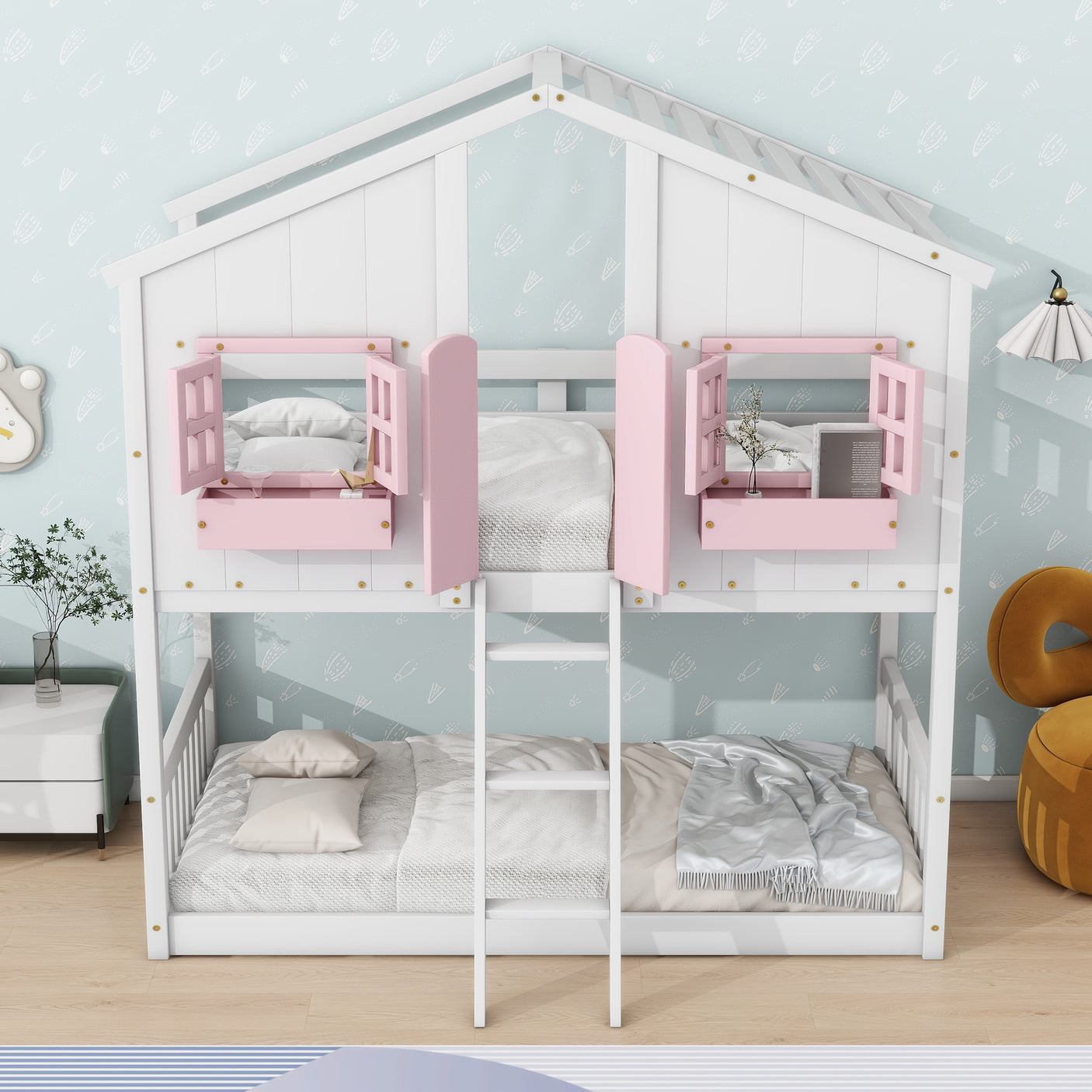 Twin over Twin House Bunk Bed with Roof