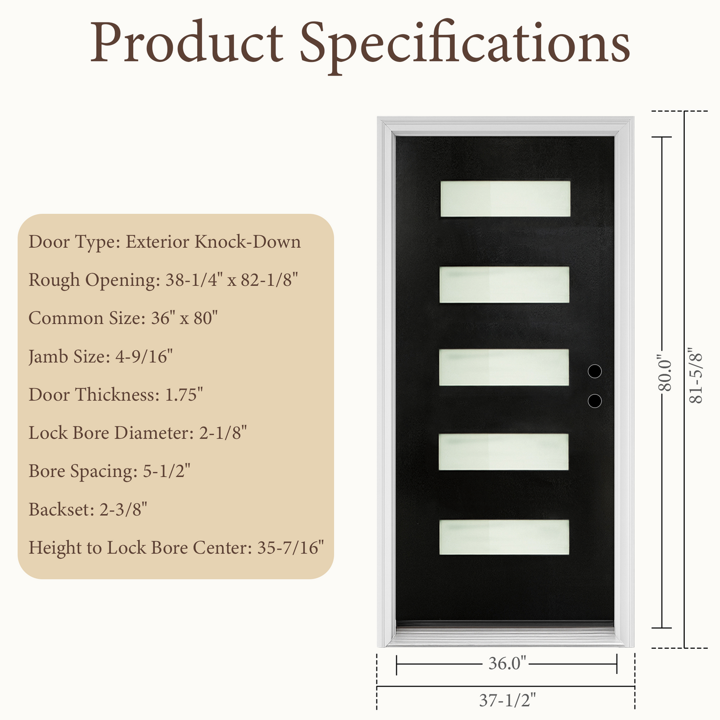 36" x 80" Fiberglass Exterior Door | Black Smooth Finish | Frosted Glass | Left Hand Inswing