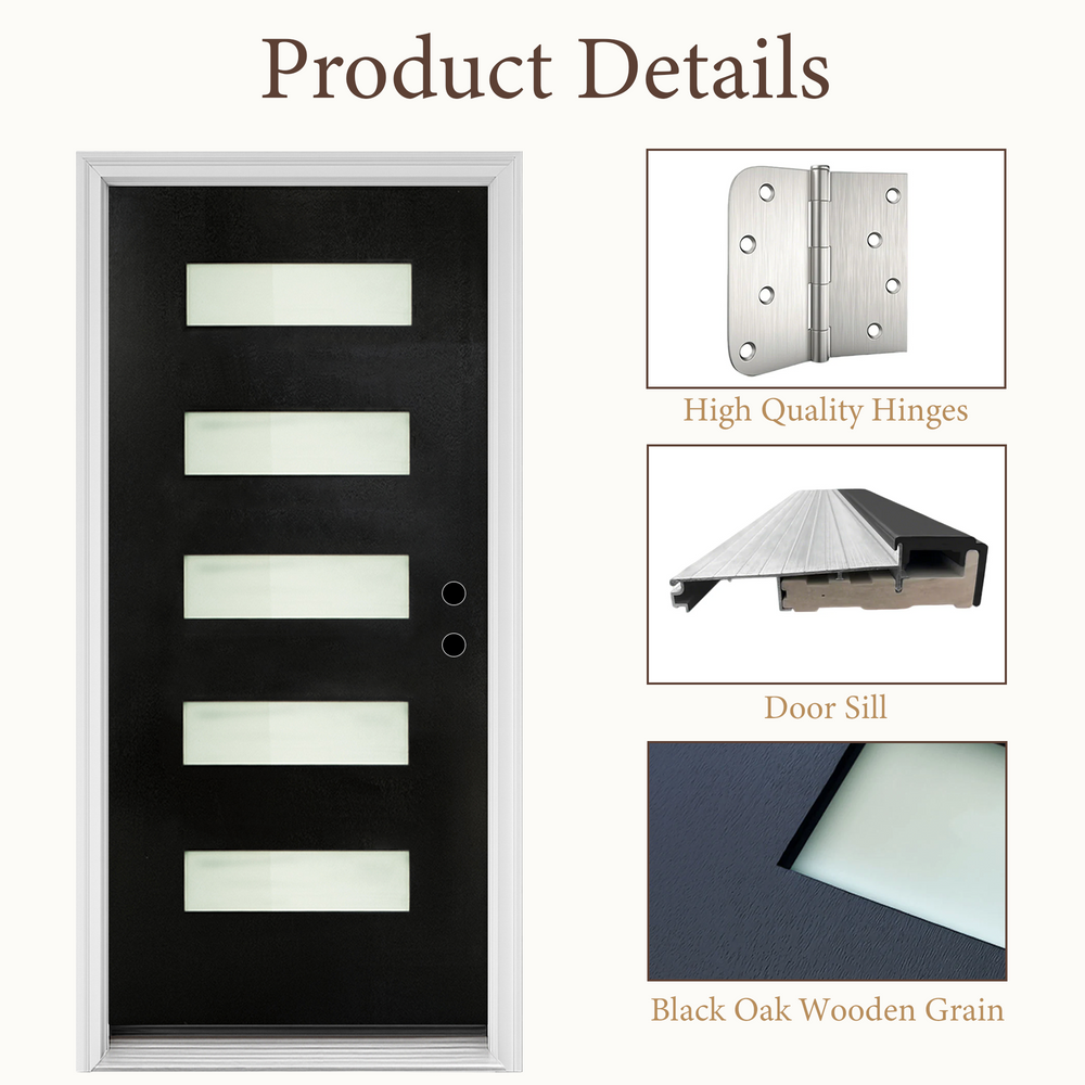 36" x 80" Fiberglass Exterior Door | Black Smooth Finish | Frosted Glass | Left Hand Inswing