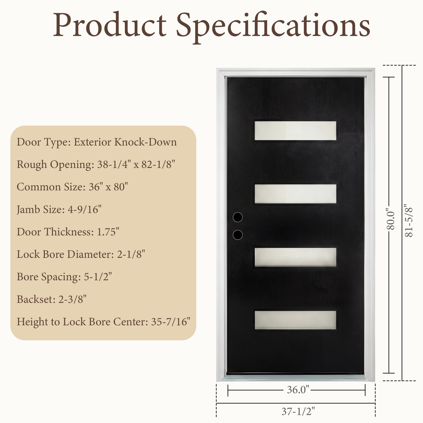 36x80 Black Fiberglass Entry Door with Frosted Glass | Right Inswing