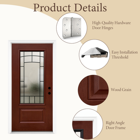 36x80 Red Fiberglass Entry Door – Frosted Glass, Left & Right Hand Inswing | Yechen Home